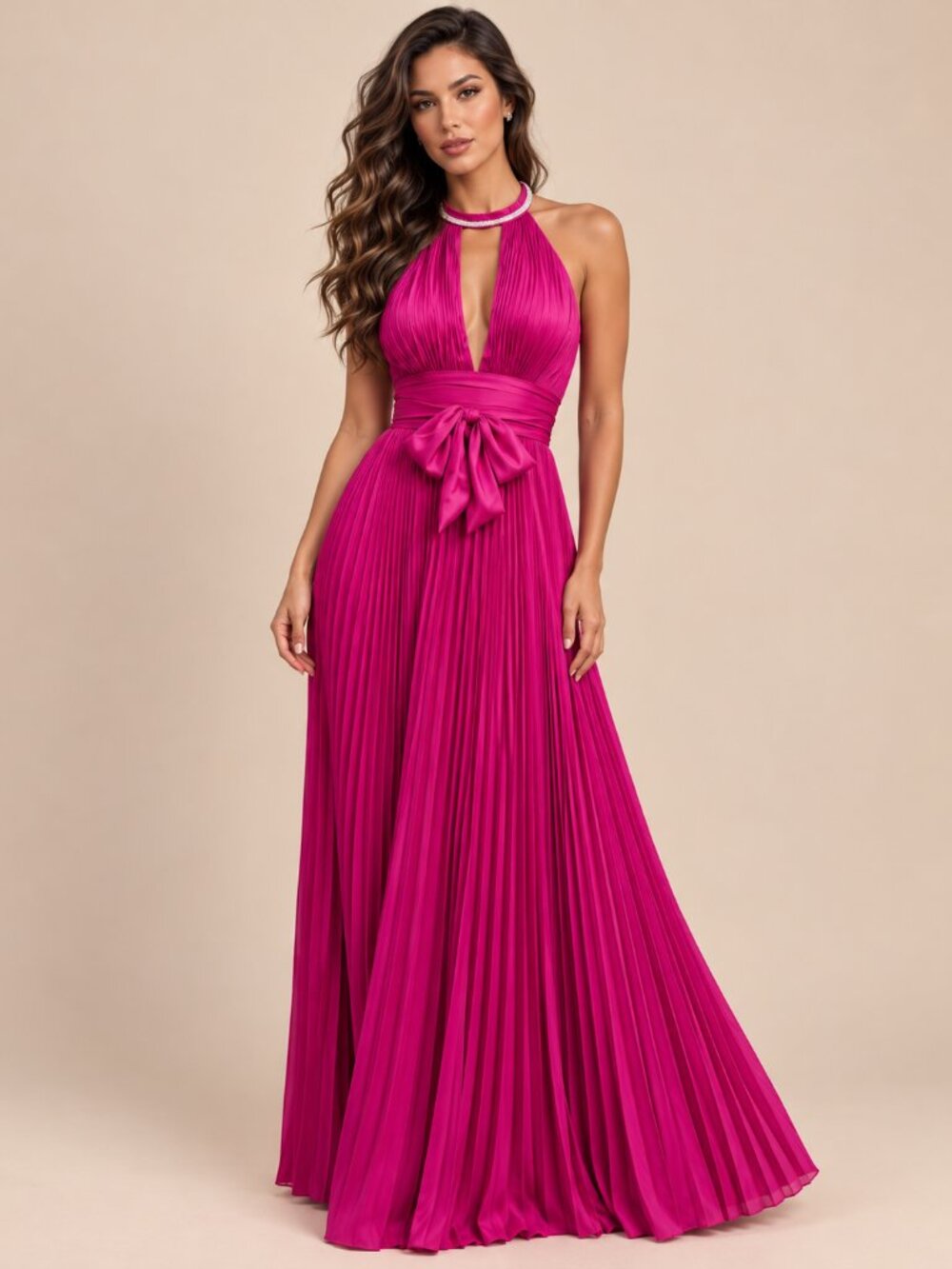Fuchsia Satin Pleated Rhinestone Halter Neck Maxi Dress